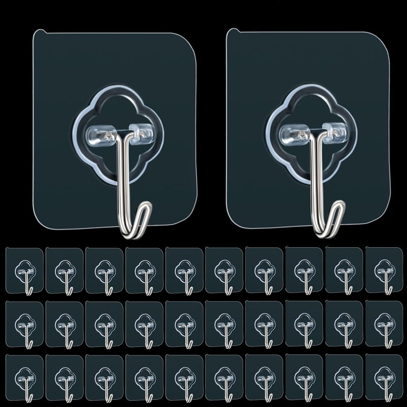 DKHDBD Adhesive Hooks, 32 Pack 33lb(Max) Sticky Hooks, Transparent Reusable Removable Adhesive Hooks for Hanging, Wall Hooks for Hanging Can be Use for Kitchen Bathroom Shower Outdoor Home Improvement - Image 1